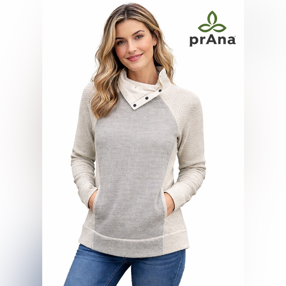 Prana Gray and Cream Cowl Neck Sweater